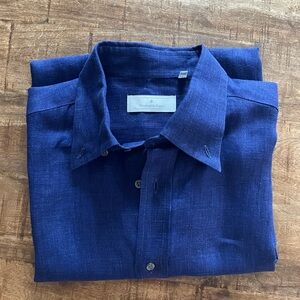 ERMENEGILDO ZEGNA Navy Blue Linen Short Sleeve Dress Shirt